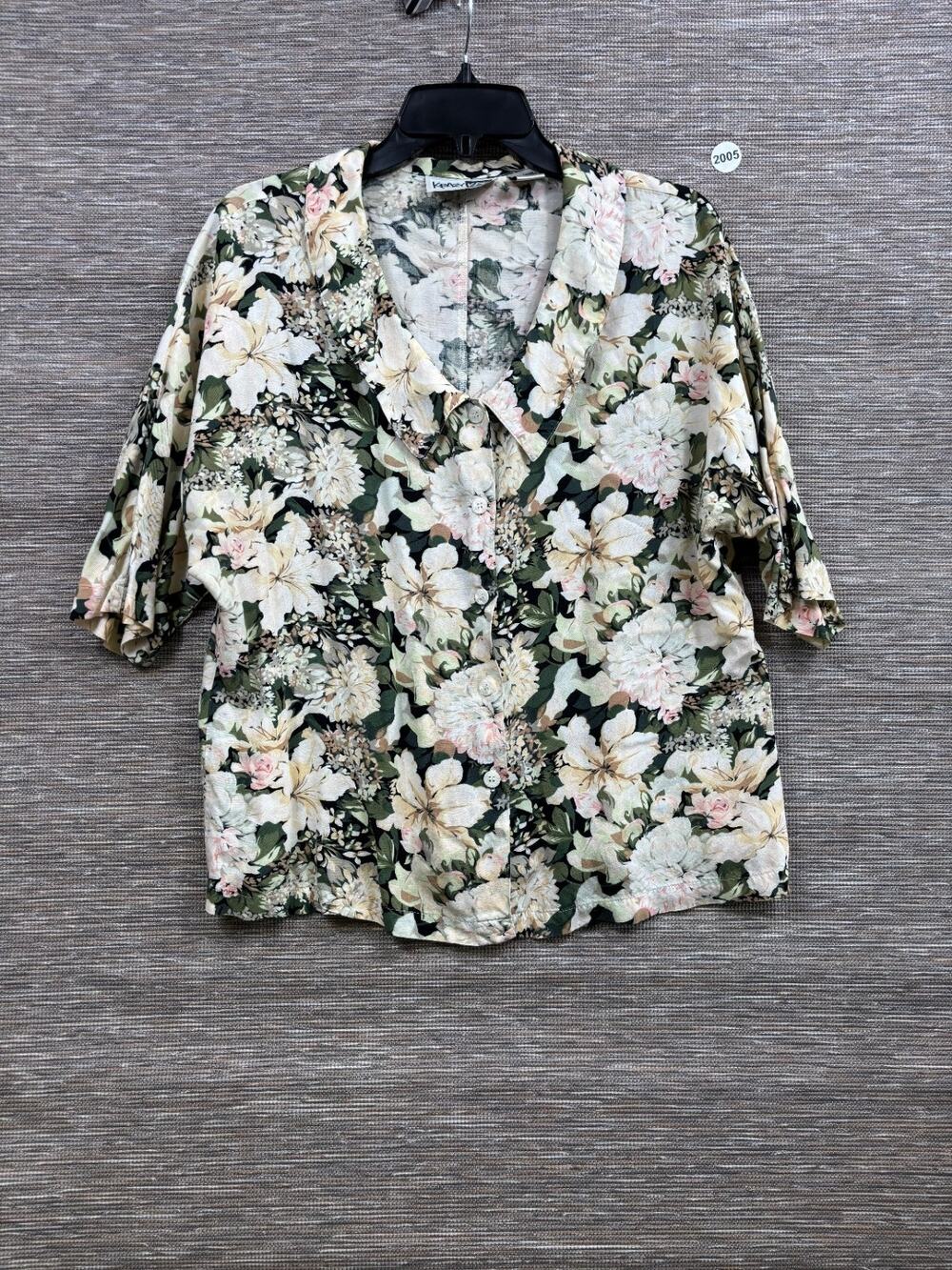 Krazy Kat Button Up Retro Floral Shirt Womens Size M Green Multi 3/4 Sleeve